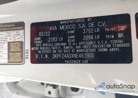 2022 Kia Forte Lxs из США, поврежденный, VIN 3KPF24ADXNE461900